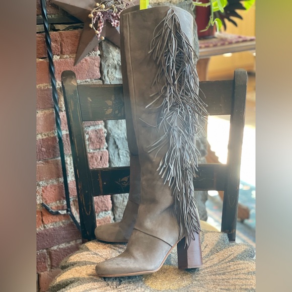 Sam Edelman Taylan Grey Leather Suede Fringe Pull On Tall Stacked Heel Boots 😍 - Picture 1 of 16